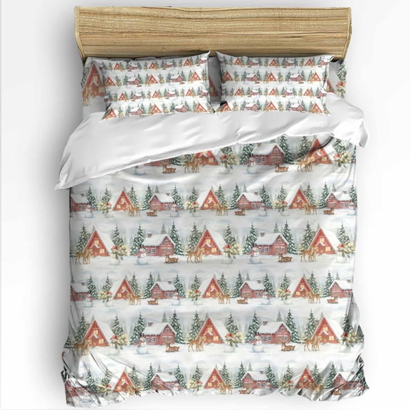 Christmas Queen Size Comforter Set, Winter Farmhouse Deer Snowman Pine Tree Patchwork Soft Bedding for All Seasons, 4 Pcs Bed Set with 1Comforter (90"x92") ,1 Sheet(94"x116"), 2 Pillowcases (19"x29")