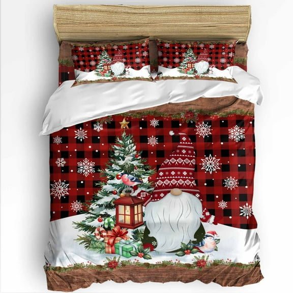 Christmas Queen Size Comforter Set, Xmas Dwarfs Pine Tree Snowflakes Plaid Wood Grain Soft Bedding for All Seasons, 4 Pcs Bed Set with 1Comforter (90"x92") ,1 Sheet(94"x116"), 2 Pillowcases (19"x29")