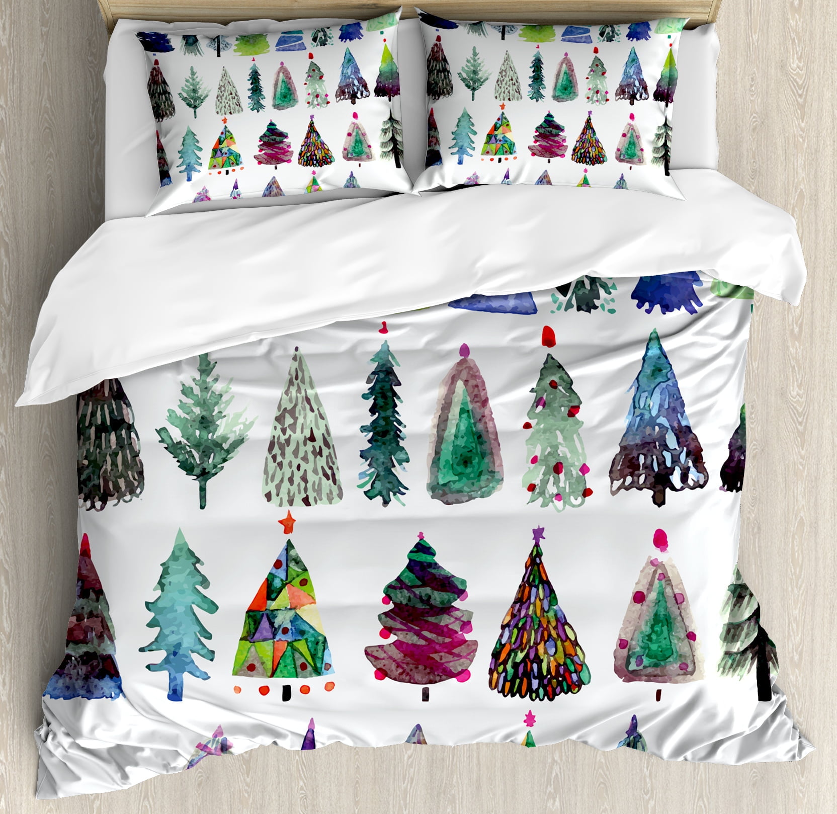 Christmas Multicolor Watercolor Fir Trees Queen Duvet Cover Set