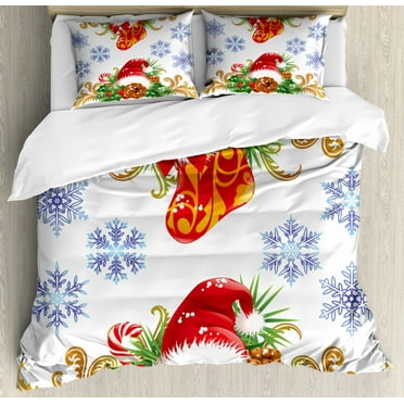 Christmas Queen Size Duvet Cover Set, Classical Traditional Design with Stocking and Santa Claus Hat Mistletoe Snowflakes, Decorative 3 Piece Bedding Set with 2 Pillow Shams, Multi, by Ambesonne