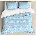 thumbnail image 1 of Christmas Queen Size Duvet Cover Set, Joyous Holiday in December Cats with Necklaces Yellow Eyes Swirled Tails, Decorative 3 Piece Bedding Set with 2 Pillow Shams, Pale Blue Red White, by Ambesonne, 1 of 3