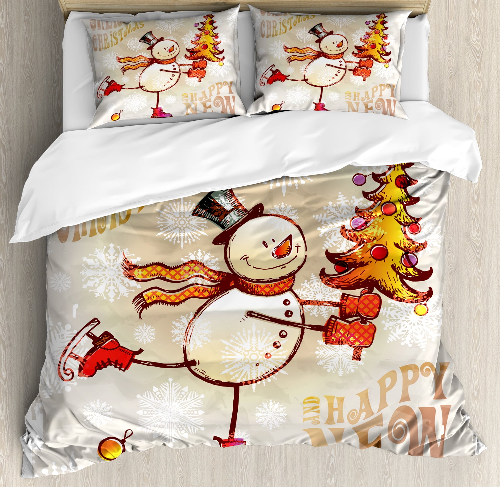 Christmas Cheerful Snowman Queen Duvet Cover Set with Pillow Shams