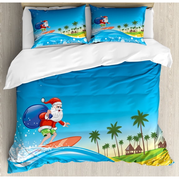 Christmas Queen Size Duvet Cover Set, Surfing Santa on a Wave with Sack at the Beach Tropical Night Fantasy Cartoon, Decorative 3 Piece Bedding Set with 2 Pillow Shams, Multicolor, by Ambesonne