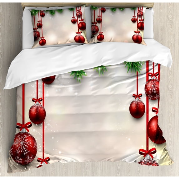 Christmas Queen Size Duvet Cover Set, Xmas Traditional Winter Season Theme Fir Twigs and Vibrant Balls Graphic Print, Decorative 3 Piece Bedding Set with 2 Pillow Shams, Green Red, by Ambesonne
