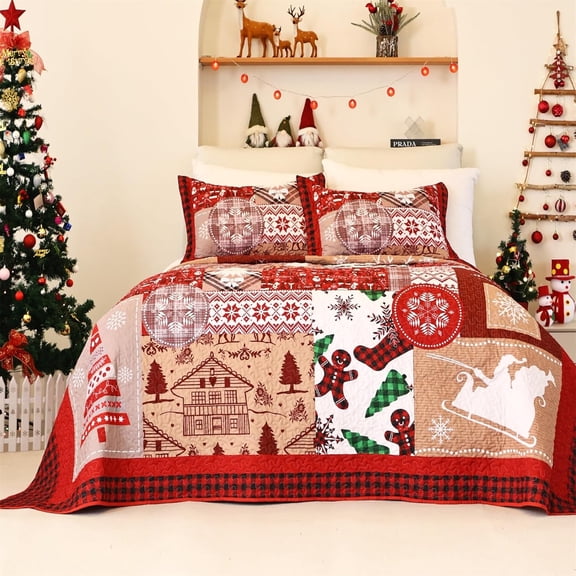 Christmas Quilt Bedding Set Size,Christmas Snowflakes Santa Claus Printed Bedding Full,Soft Patchwork Bedspread Coverlet 3 count,Holiday Comforter with 2 Pillow Shams (Red&White,92"x96")