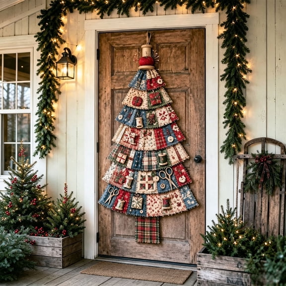 Christmas Quilt Kit Tree Door Hanging Patchwork Craft Decor Handmade Layered Design and Simple Ready Cut Pieces for Wall Display Front Entry and Holiday Party Decor