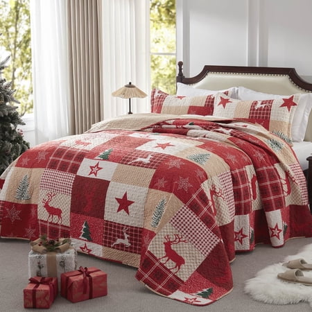 Christmas Quilt Set 3-Piece King Size Bedspread Coverlet 98''x106'' Lightweight Patchwork Oversized Bedding Set with 2 Pillow Shams for All Seasons