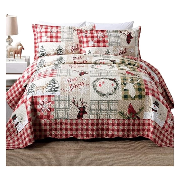 Christmas Quilt Set 3 Piece - Rustic Deer Bedspread - Lightweight Quilted Coverlet Comforter - Soft Polyester - King Size