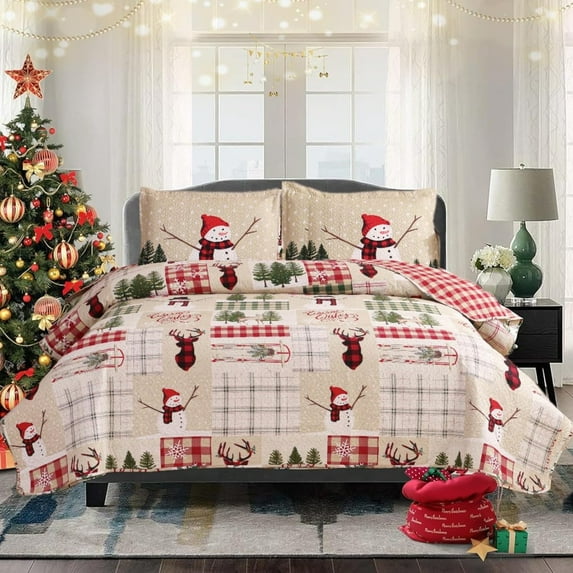 Christmas Quilt Set Full/ Size 3-Piece Xmas Bedspread Reversible Coverlet Snowman Tree Design for New Year Bed Decor, Lightweight Bedding Cover for All Season(1 Quilt + 2 Pillow Shams, Beige)