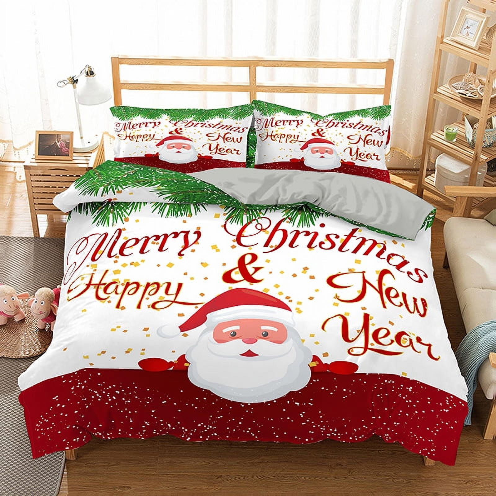 Christmas Quilt Set King Rustic Christmas Santa Claus Pattern Printed Bedding Sets Bedspread Coverlet with 2 Pillowcases for All Seasons Soft