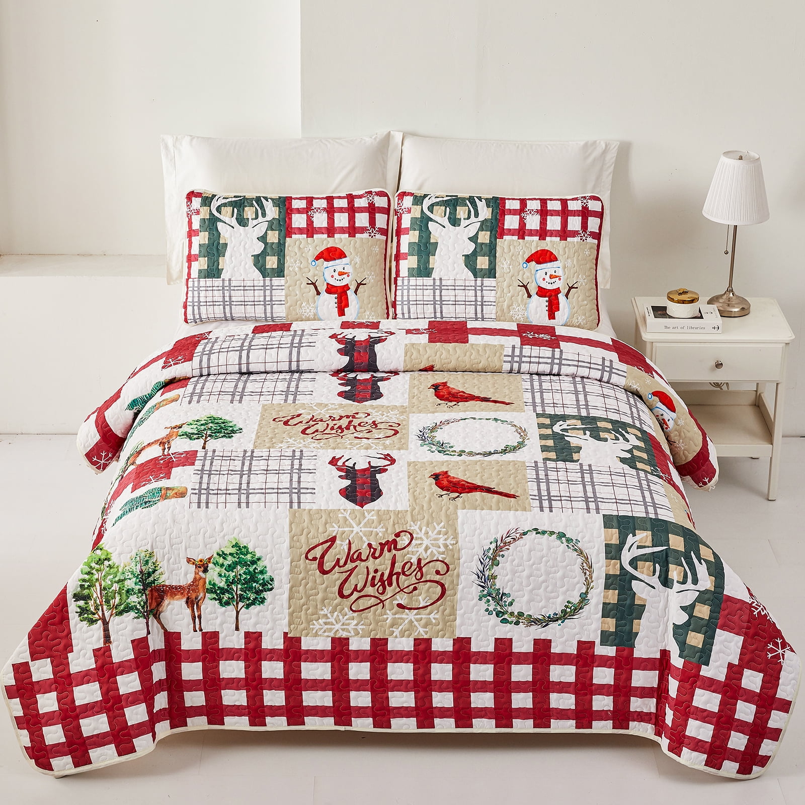 Christmas Quilt Set King Rustic Christmas Tree Snowman Cardinal Holiday