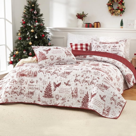 Christmas Quilt Set King Size, Christmas Holiday Decorations Bedspread Set, Soft and Breathable Xmas Quilt Bedding Set (King, 106"x96")