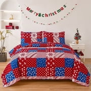 Christmas Quilt Set Queen/Full Size Xmas Holiday Bedroom Decor Lightweight Bedspread Coverlet Soft Microfiber Bedding Collection Home Red Snowflakes Reversible Quilt