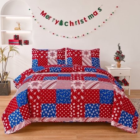 Christmas Quilt Set Queen/Full Size Xmas Holiday Bedroom Decor Lightweight Bedspread Coverlet Soft Microfiber Bedding Collection Home Red Snowflakes Reversible Quilt