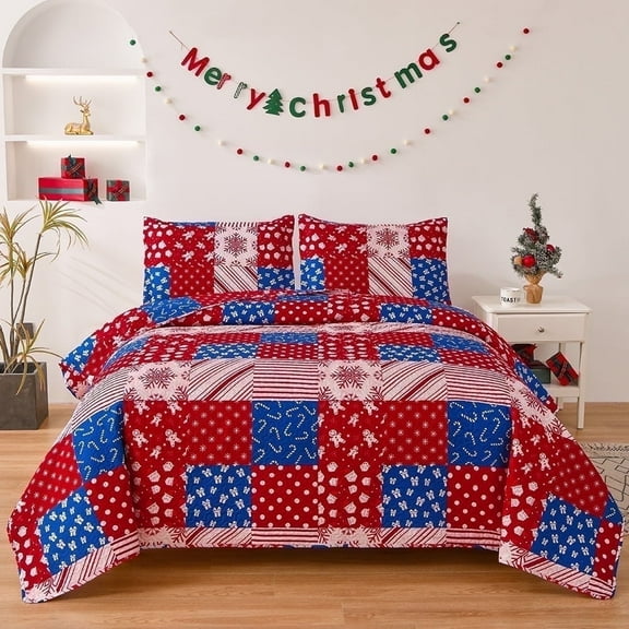 Christmas Quilt Set Queen/Full Size Xmas Holiday Bedroom Decor Lightweight Bedspread Coverlet Soft Microfiber Bedding Collection Home Red Snowflakes Reversible Quilt