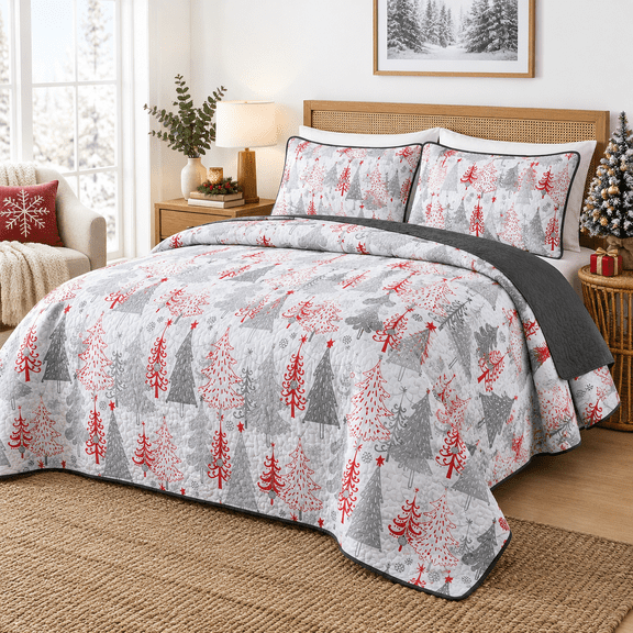 Christmas Quilt Set Queen Red Grey Tree Pattern Pine Bedspread
