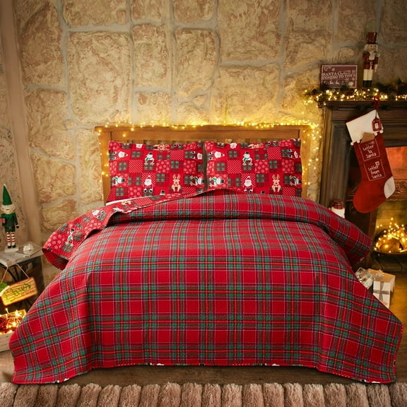Christmas Quilt Set Queen Size Bedding Reversible Red Green Christmas Plaid Patchwork Quilt Home Holiday Xmas Bedding Bed Set Lightweight Quilt Bedspread Coverlet,Snowman