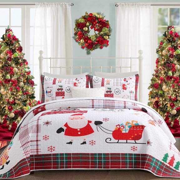 Christmas Quilt Set Queen Size - Lightweight Christmas Bedspread for Bedroom Holiday Decor