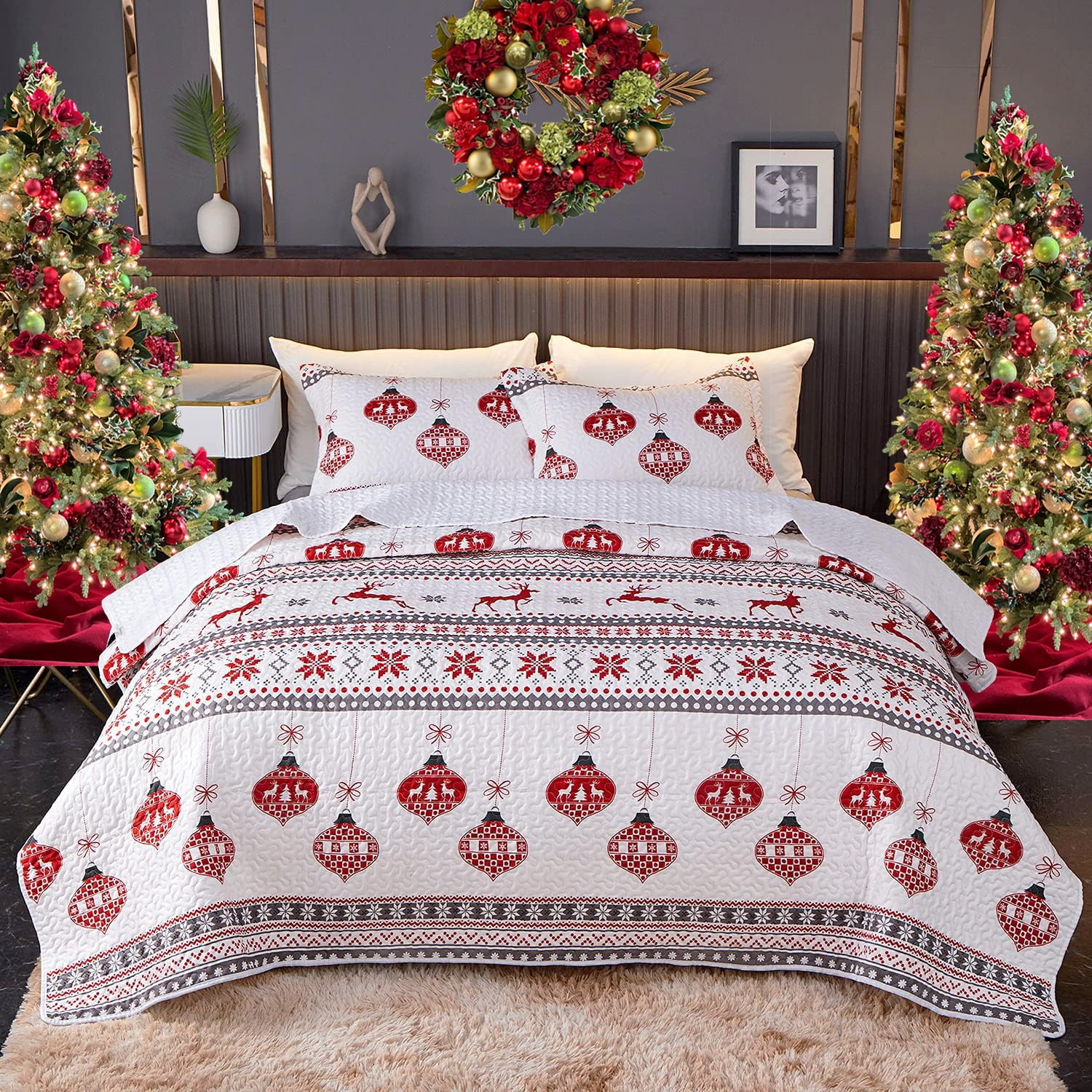 Christmas Bedspread Set for King Beds Holiday Decor - Includes ...