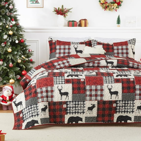 Christmas Quilt Set Queen Size, Reversible Printed 3 Pieces Quilts Coverlet Bed Set Holiday Decorative Bedding, Soft Microfiber Fabric, 1 Quilt and 2 Pillow Shams