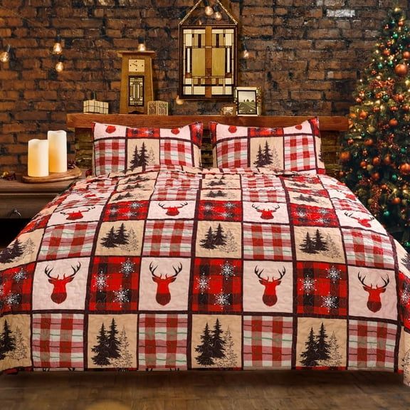 Christmas Quilt Set Size, Red Christmas Bedding Comforter Set Lightweight Patchwork Elks Quilted Coverlet Bedspread with 2 Pillow Shams(96 * 90")