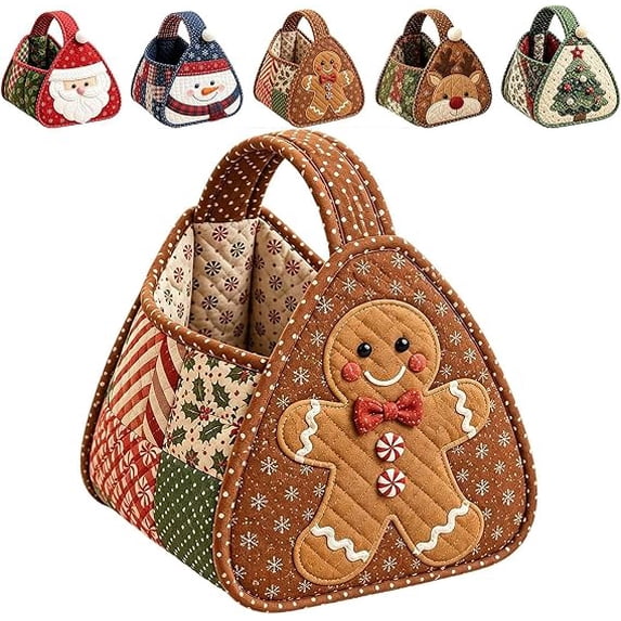 Christmas Quilted Carry Basket Sewing Kit, Christmas Character Quilted Carry Basket DIY Fabric Storage Basket Kit, Foldable Holiday Organizer Tote with Handles for Home Decor and Gifts (gingerbread)
