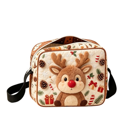 Christmas Quilted Crossbody Purse, Cute Embroidered Winter Character Shoulder Handbag with Adjustable Strap & Secure Zipper, Festive Casual Daily‑use Sling Bag Holiday Gift for Women and Girls