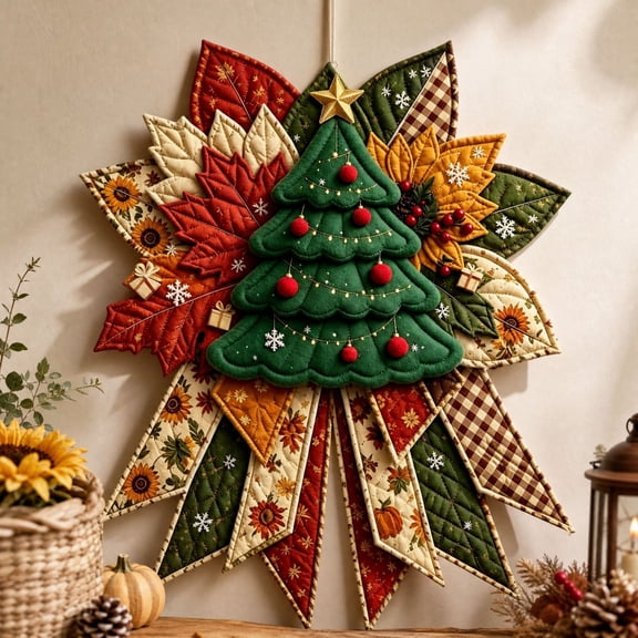 Christmas Quilted Door Hanger, Felt Christmas Tree Wall Hanging with Ribbon Accents, Rustic Holiday Door Decoration for Home and Porch - Christmas Tree