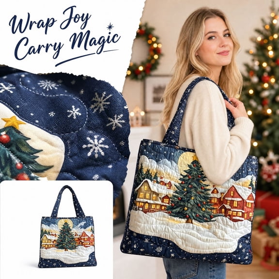 Christmas Quilted Holiday Large Foldable Shoulder Tote Bag for Women, Open‑Top Carryall Handbag, Perfect Carryall for Beach Travel Work College Daily Shopping Errands