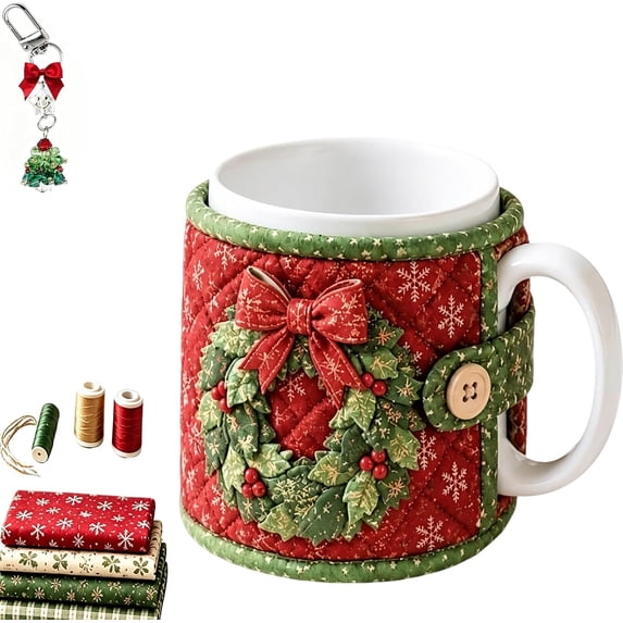 Christmas Quilted Mug Cozy Sewing Kit,3D Holiday DIY Craft Set with 9 Festive Designs,Handmade Mug Rug Sewing Craft Kit for Home Decor and Beginners