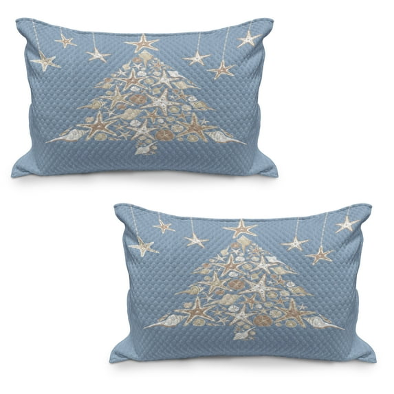 Christmas Quilted Pillowcover Set of 2, Nautical Elements Sea Life Theme with Noel Tree Winter Season, Standard Queen Size Pillow Cover for Bedroom, 36" x 20", Beige Cream, by Ambesonne
