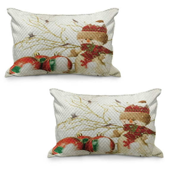 Christmas Quilted Pillowcover Set of 2, Snowman with Hat and Elements Colorful Jolly Holiday Theme Illustration, Standard Queen Size Pillow Cover for Bedroom, 36" x 20", Multicolor, by Ambesonne