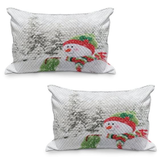 Christmas Quilted Pillowcover Set of 2, Snowman in a Snowy Woodland Holiday Themed Arrangement Winter Season Print, Standard Queen Size Pillow Cover for Bedroom, 36" x 20", White and Red, by Ambesonne