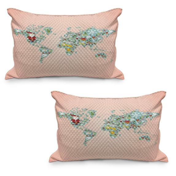 Christmas Quilted Pillowcover Set of 2, World Map on Radiant Background with Xmas Themed Minimal Ornaments and Santa, Standard Queen Size Pillow Cover for Bedroom, 36" x 20", Multicolor, by Ambesonne