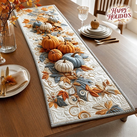 Christmas Quilted Pumpkin 3D Embroidery Table Runner Decoration, Festive Dining Cover, Farmhouse Style Indoor Xmas Home Accent Decor for Tabletop Display & Holiday Ornament