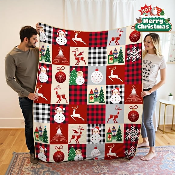 Christmas Quilted Throw Blanket - Red Plaid Snowman Elk Pattern, Soft and Warm Flannel Bedspread, Suitable for Sofa