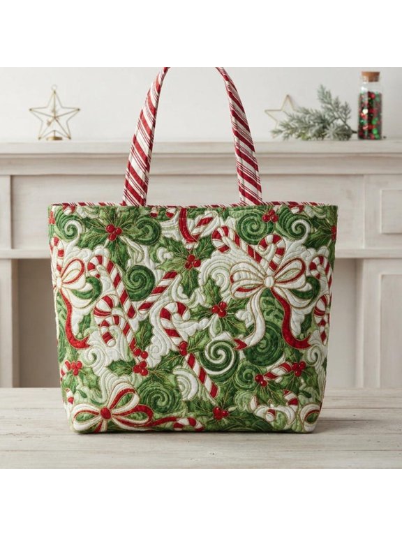 Christmas Quilted Tote Bag, Green Bag for Women, Holiday Gift for Mom, Garden Decor, Nature Botanical Lovers Gifts Her