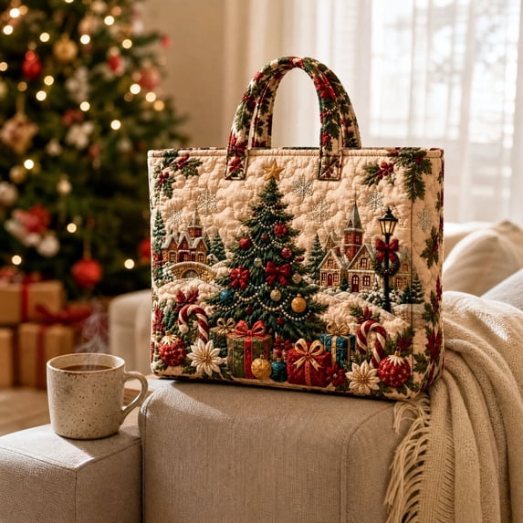 Christmas Quilted Tote Bag, Holiday Shoulder Tote Bag, Top Zip Closure Shoulder Purse, Multi-scene Handbag, Perfect Gift For Teachers And Nurses
