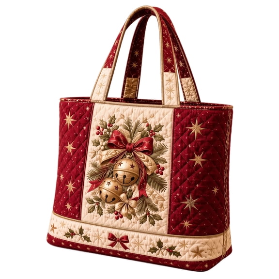 Christmas Quilted Tote Bag, Large Capacity Holiday Shopping Handbag for Women, Festive Red and Gold Christmas Bell Design for Seasonal Use