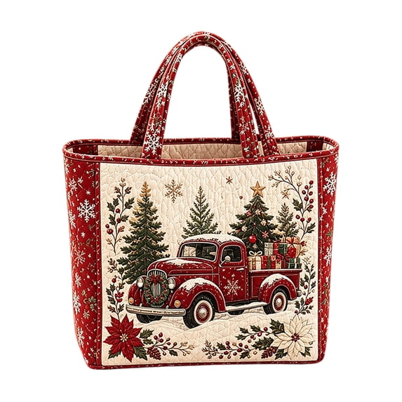 Christmas Quilted Tote Bag Large Reusable Christmas Truck Shopper Festive Shoulder Bag - 14.96 x 13.78 Inch