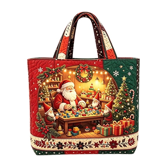 Christmas Quilted Tote Bag Large Reusable Santa Workshop Shopper Festive Shoulder Bag - 16.93 x 15.75 Inch