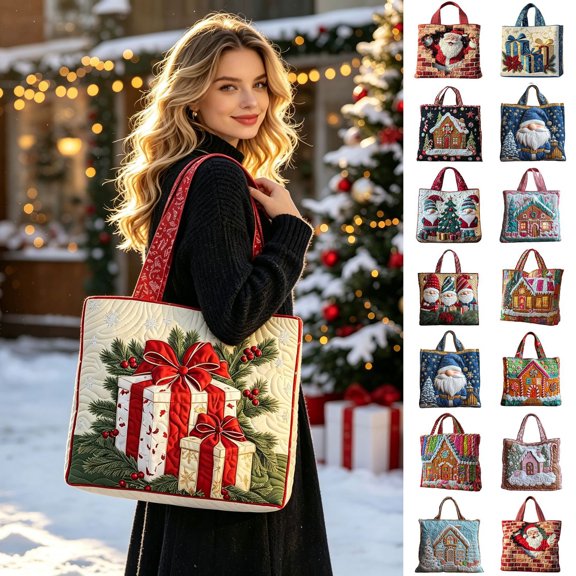 Christmas Quilted Tote Bag for Women, Festive Holiday Print Shoulder Handbag, Large Capacity Reusable Grocery Shopping Bag, Xmas Travel Work Purse