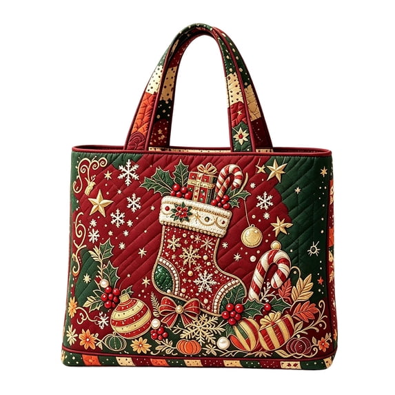 Christmas Quilted Tote Bag for Women, Large Reusable Shopping Bag, Holiday Print Shoulder Handbag, Grocery Travel Gift Tote Purse
