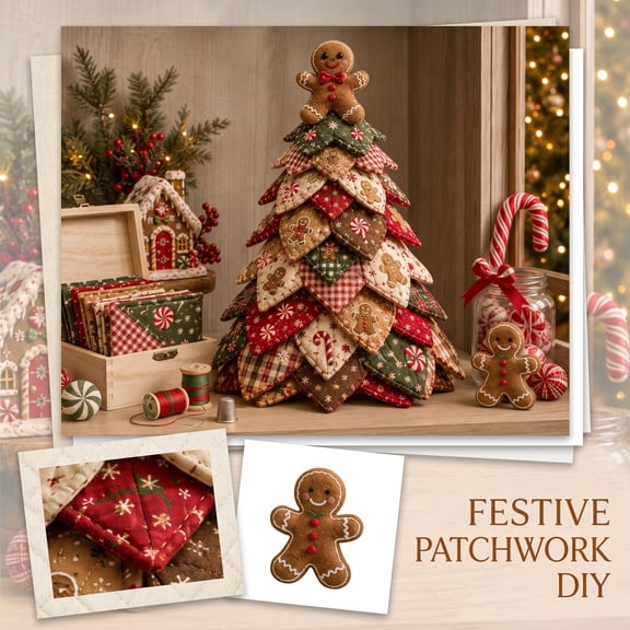 Christmas Quilted Tree Patchwork Kit – Make a Tabletop Fabric Tree with Gingerbread Man Appliqué, Pre-Cut Fabric & Instructions, Handmade Holiday Decor for Mantel or Gift Exchange Brown