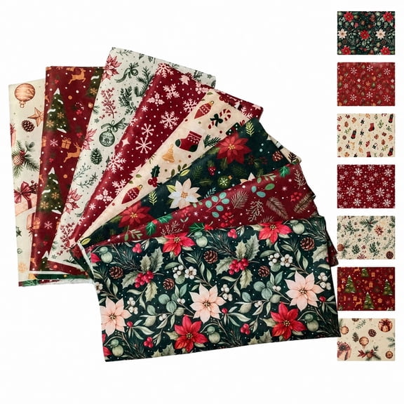 Christmas Quilting Fabric with Assorted Holiday Prints, 8-Pack 16 X 20 Inch, Festive Floral and Plaid Designs, for Diy Sewing and Patchwork Crafts, Fabric Bundle
