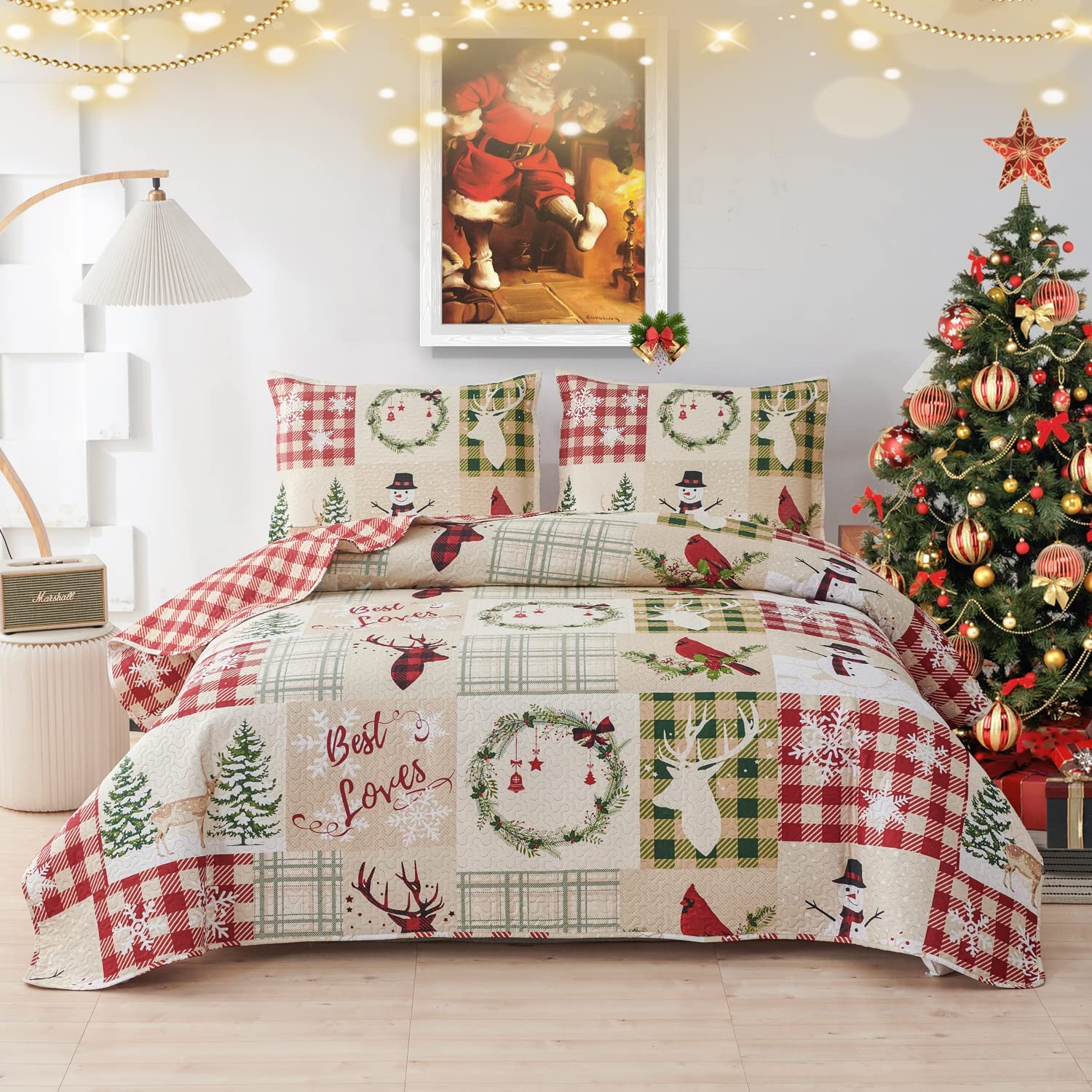Christmas Quilts King Size Red Green Plaid Patchwork Bedding Lightweight Cardinal Bedspread