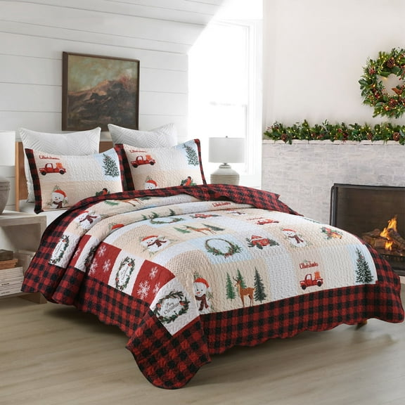 Christmas Quilts Set Queen Size, Soft Quilted Christmas Bedspread Coverlet Queen for holiday Bed Decor Lightweight Quilt Bedding Sets with Xmas Santa Tree Snowman Red Plaid Patchwork Pattern