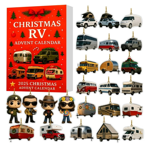Christmas RV Advent Calendar, 24-Day Camper Countdown, 1.38Inch 2D Acrylic Mini Camper and Travel Trailer Ornaments, 2D Acrylic Christmas Tree Decorations