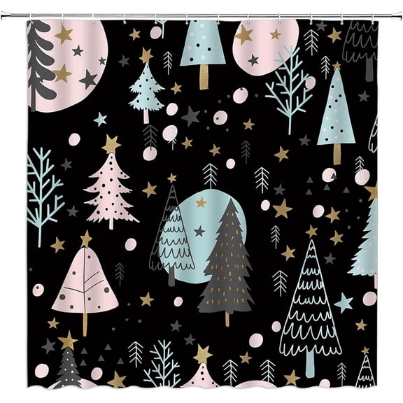 Christmas RV Shower Curtain Pink Blue Black Xmas Pine Tree Forest Snowflake Star Winter Holiday Rustic Nature Small Stall Bathroom Home Curtain with Hooks,36" Wx70 H