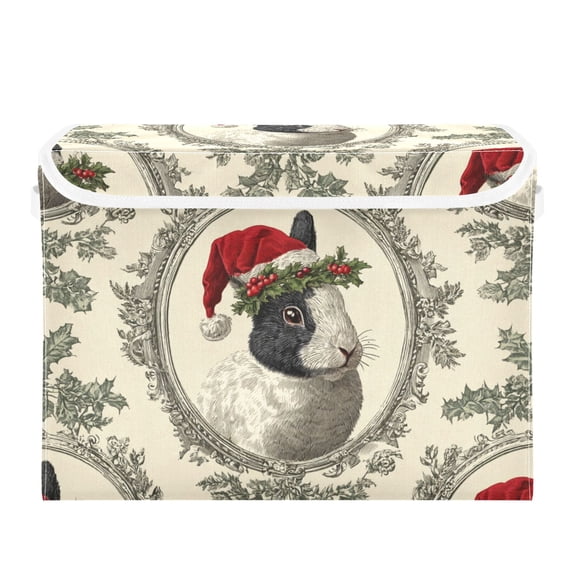 Christmas Rabbits in Vintage Frame Foldable Storage Bins with Lids Handles Collapsible Storage Containers Tote Boxes 16.5 x 12.6 x 11.8 inches